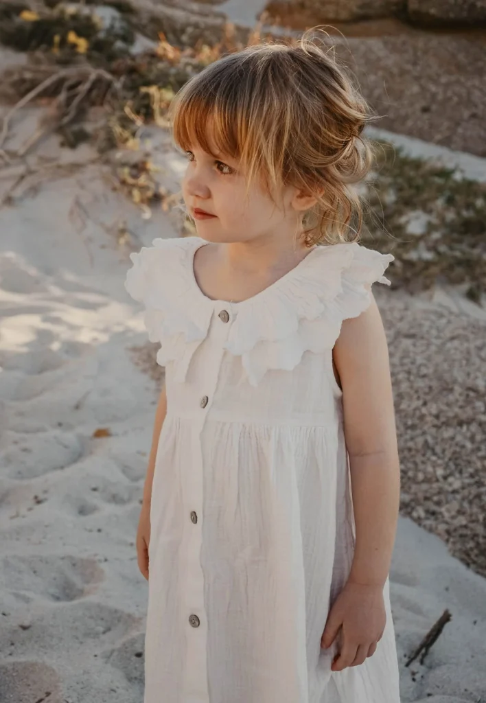 Kleines Mädchen im weißen Kleid am Strand